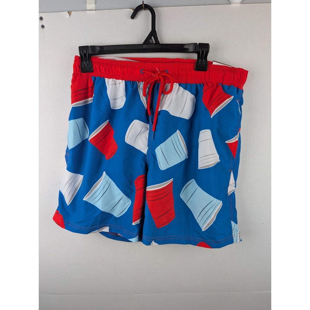 Way to Celebrate Mens Party Cup Toss Swim Trunks Blue Red White Medium 32-34
